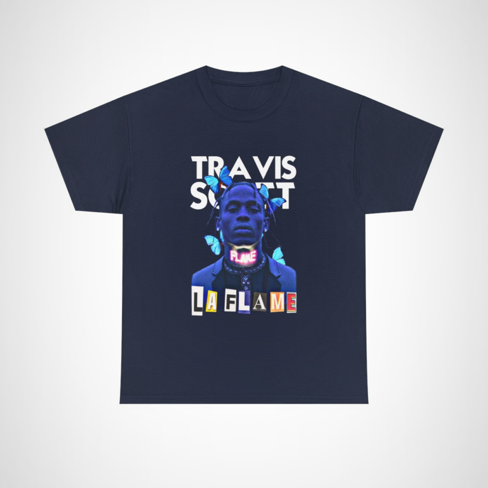 Travis Scott La Flame Neon T-Shirt with vibrant butterflies and neon text Navy colour