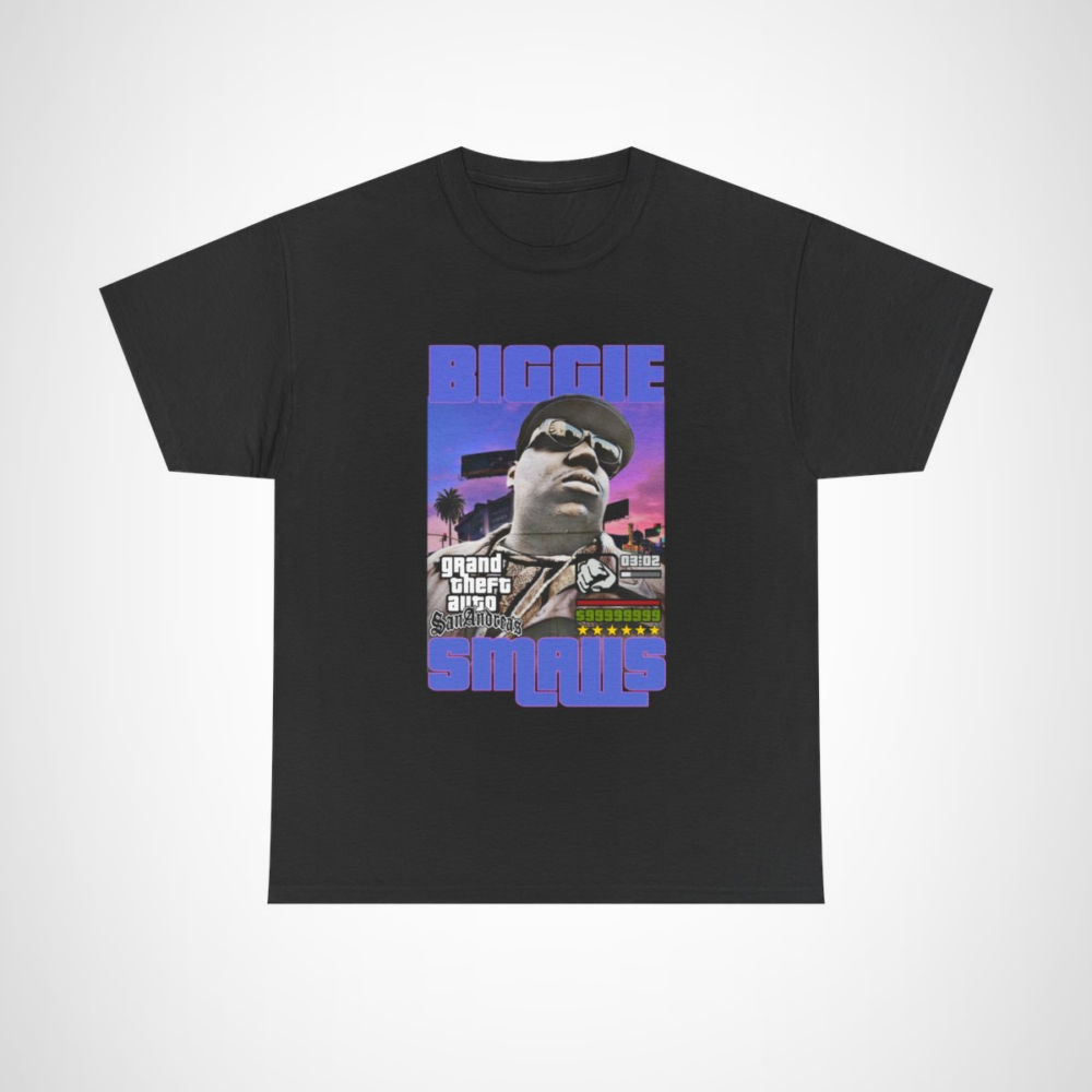 Biggie Smalls graphic tee inspired by Grand Theft Auto featuring unique design Black colour