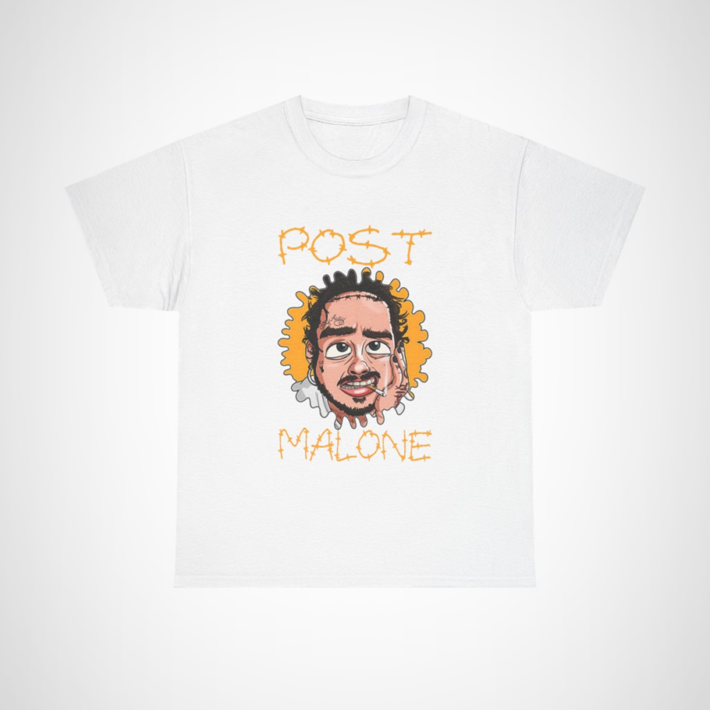 Post Malone cartoon style t-shirt featuring vibrant artwork White colour