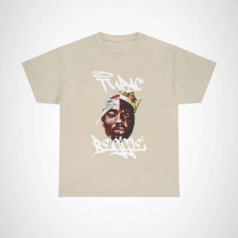 Tupac & Biggie Legends Collab Tee featuring iconic hip hop artwork Sand colour