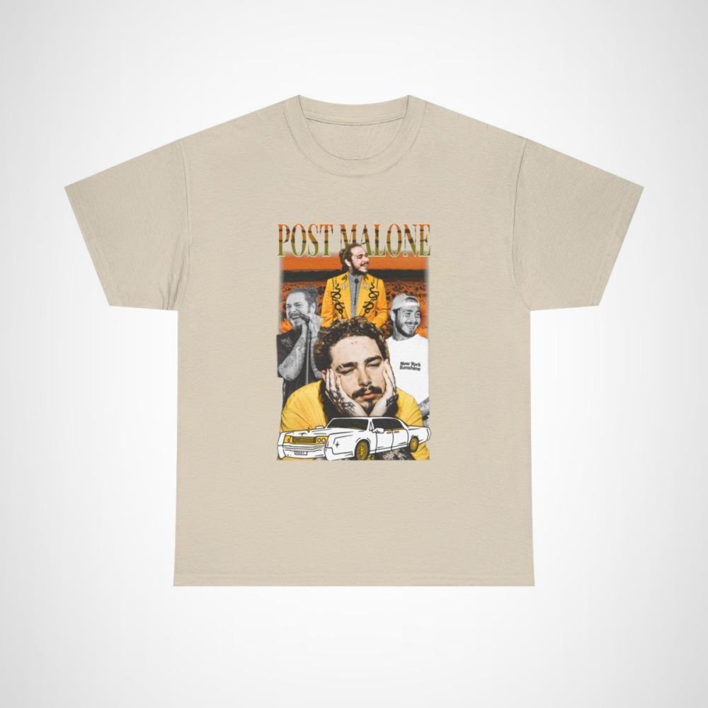 Post Malone Collage Graphic Tee showcasing vibrant imagery for music lovers Sand colour