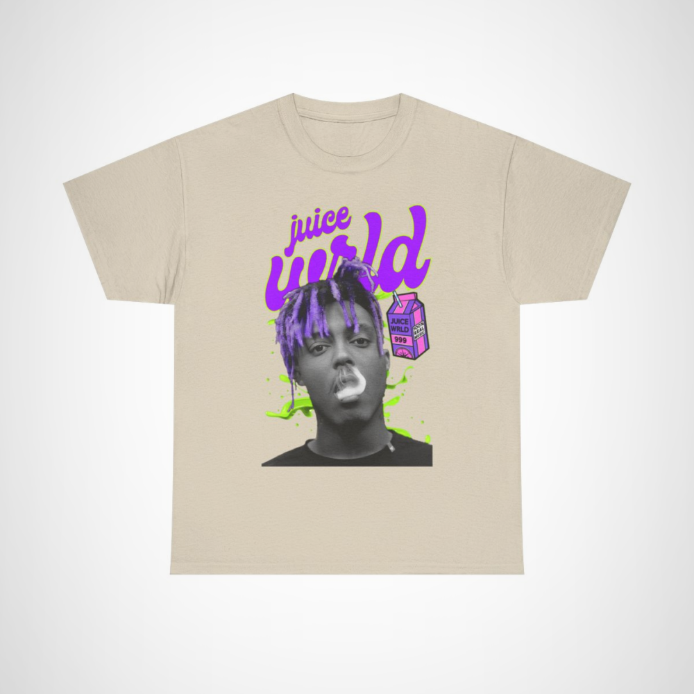 Juice WRLD 999 Graphic Tee showcasing a vibrant design with a playful milk carton Sand colour