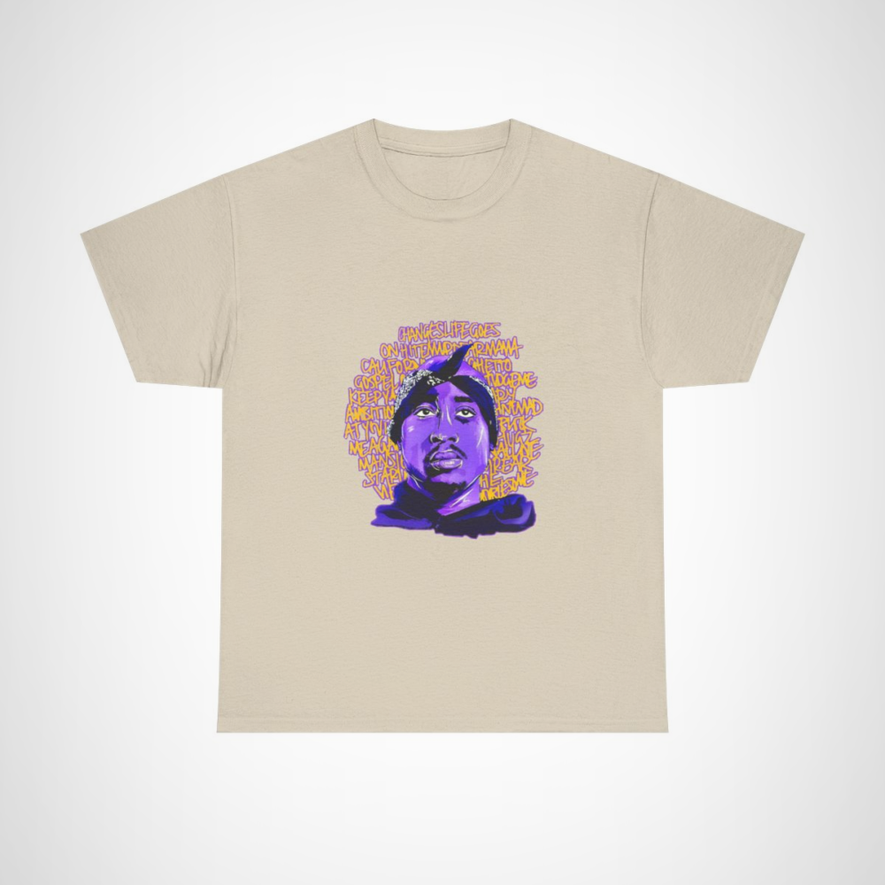 Tupac Inspired Life Goes On T-Shirt showcasing his iconic portrait and lyrics Sand colour