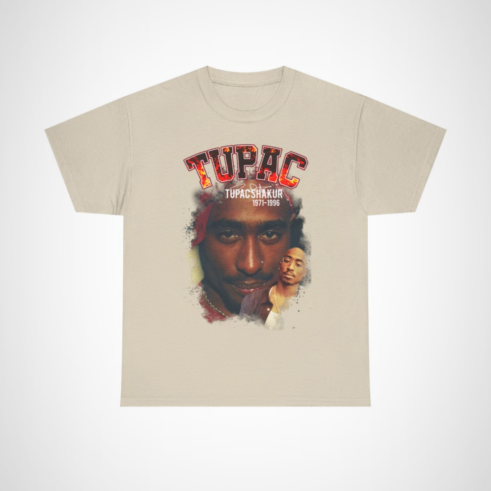 Legendary Tupac Shakur Graphic Tee showcasing vibrant imagery and tribute to hip-hop culture Sand colour