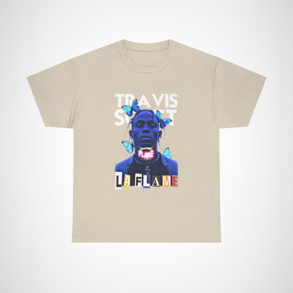 Travis Scott La Flame Neon T-Shirt with vibrant butterflies and neon text Sand colour