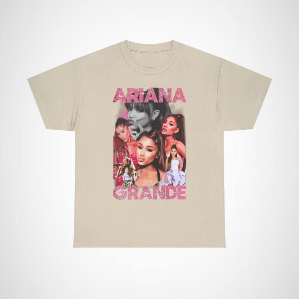 Ariana Grande Glitter Glam T-Shirt showcasing vibrant colours and sparkles Sand colour