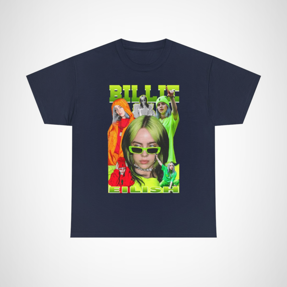 Billie Eilish Neon Style Graphic Tee featuring vibrant artwork and comfortable fabric Navy colour