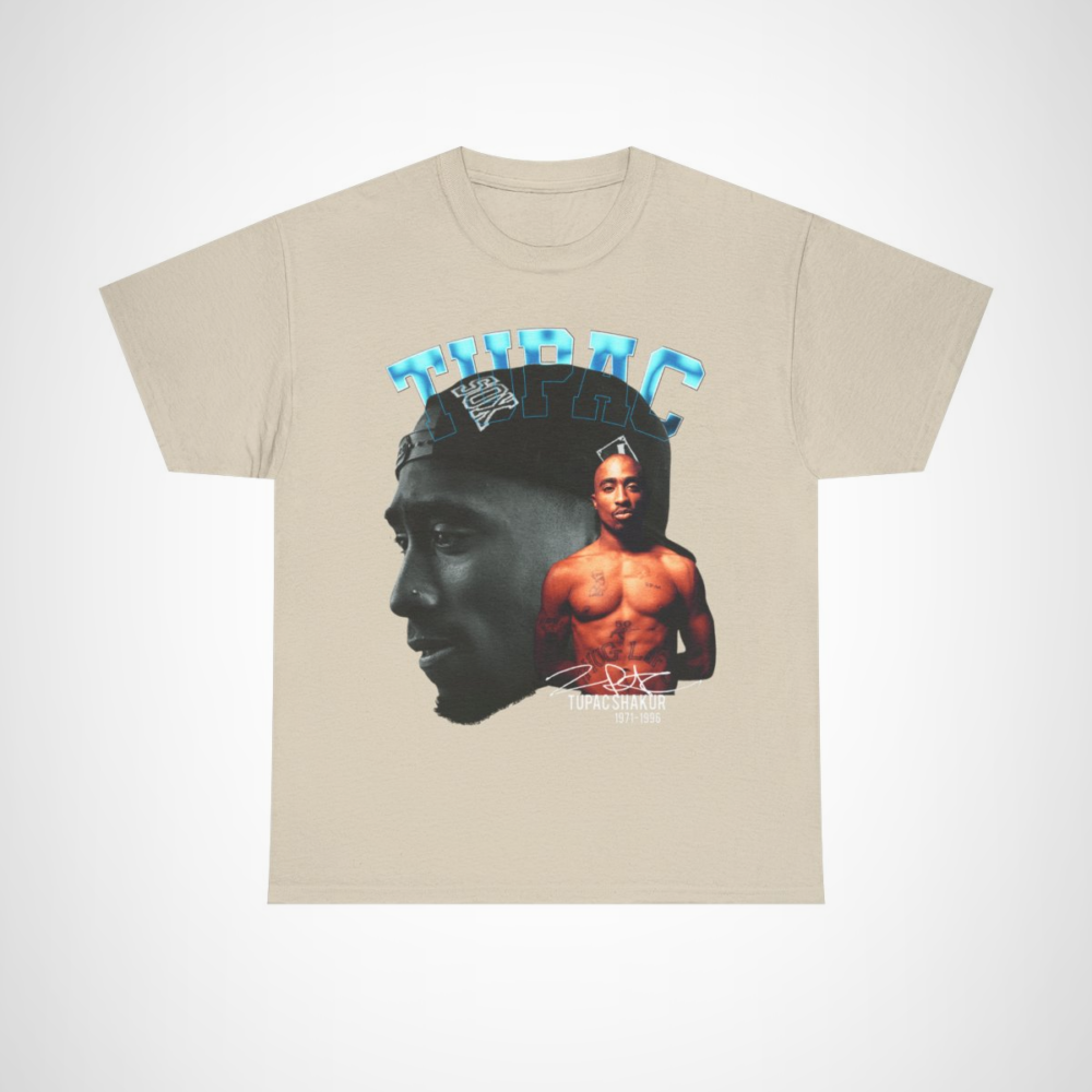 Tupac Shakur Black & White Portrait T-Shirt design featuring iconic image and signature Sand colour