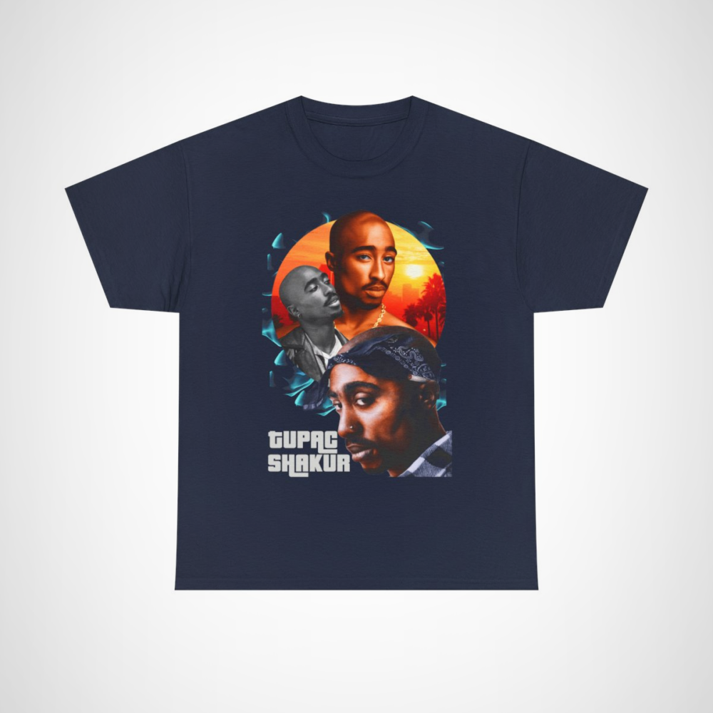 Tupac Shakur graphic tee showcasing vibrant design and artistic tribute to the hip-hop legend Navy colour