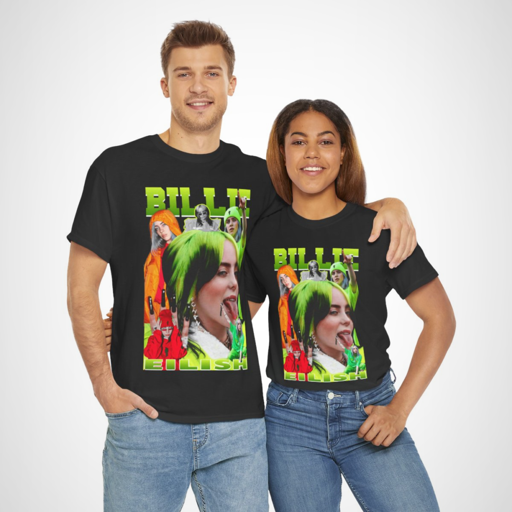 Billie Eilish graphic tee featuring vibrant designs and bold colours