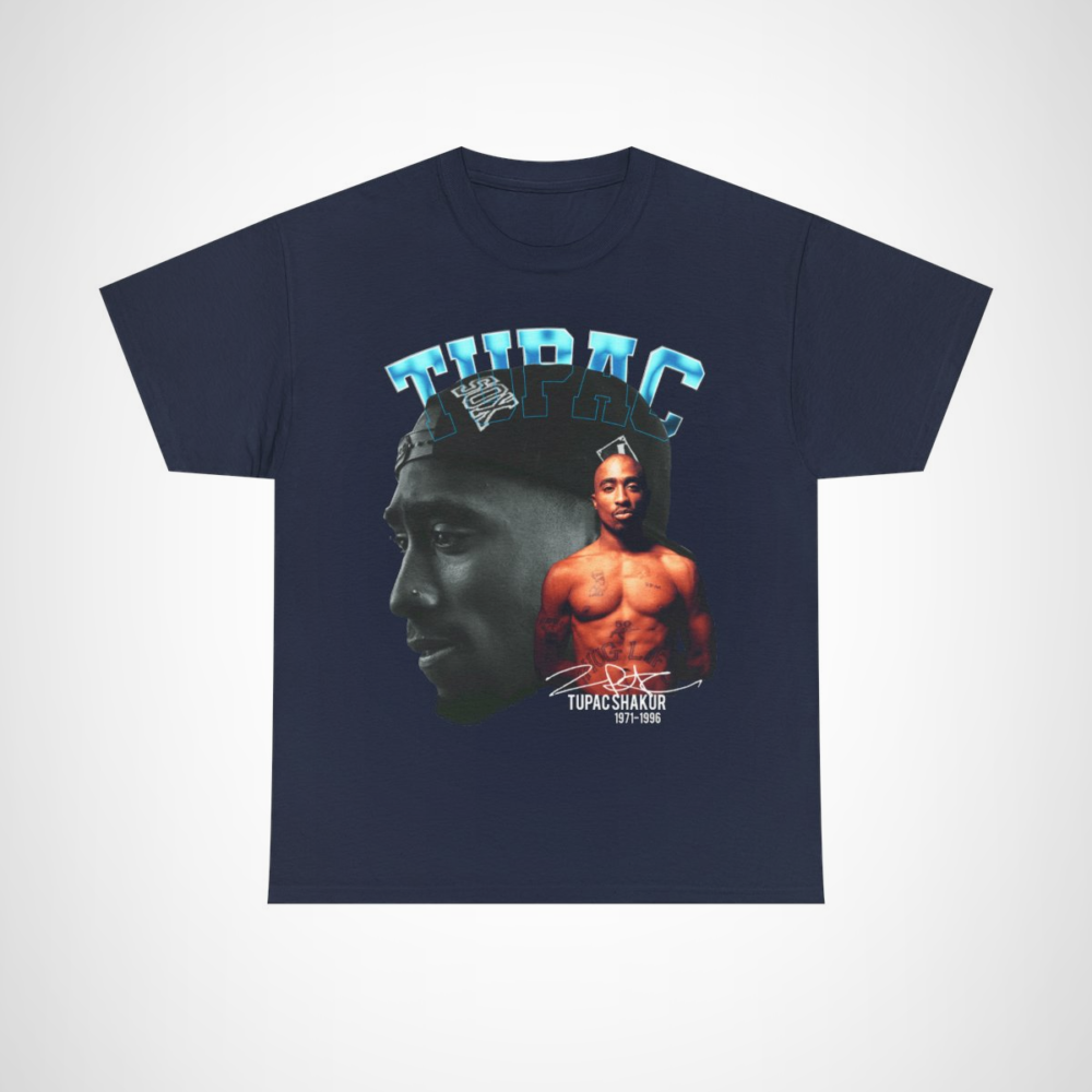 Tupac Shakur Black & White Portrait T-Shirt design featuring iconic image and signature Navy colour