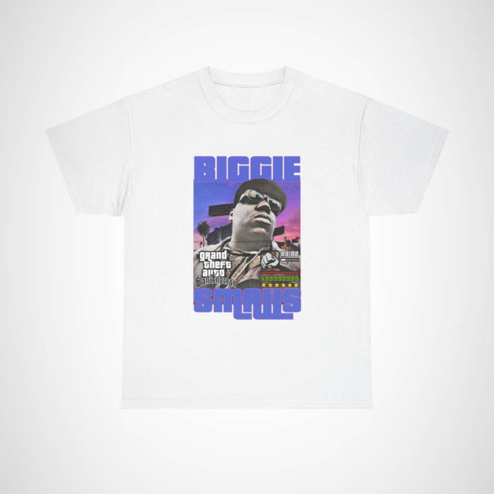 Biggie Smalls graphic tee inspired by Grand Theft Auto featuring unique design White colour