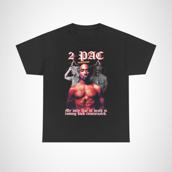 2 PAC Reincarnated Graphic Tee showcasing hip hop legend art Black colour