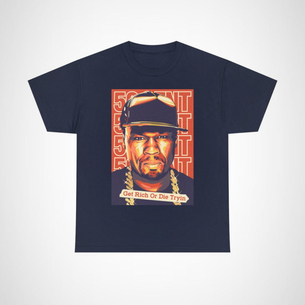 Get Rich Or Die Tryin' 50 Cent Graphic Tee showcasing hip-hop inspired design Navy colour