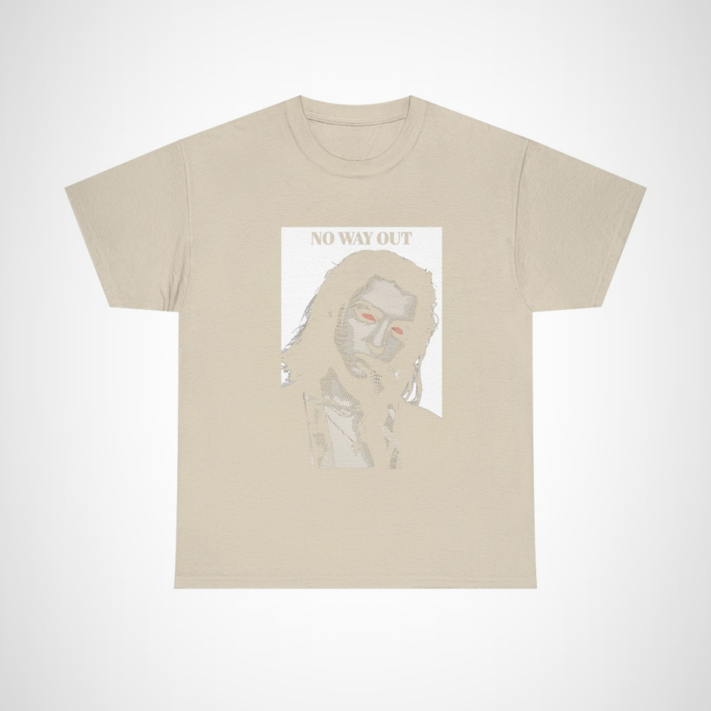 No Way Out Graphic Tee featuring bold red eyes design Sand colour
