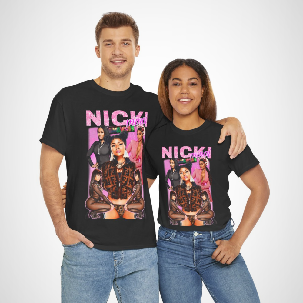 Vibrant Nicki Minaj fashion collage t-shirt showcasing bold designs