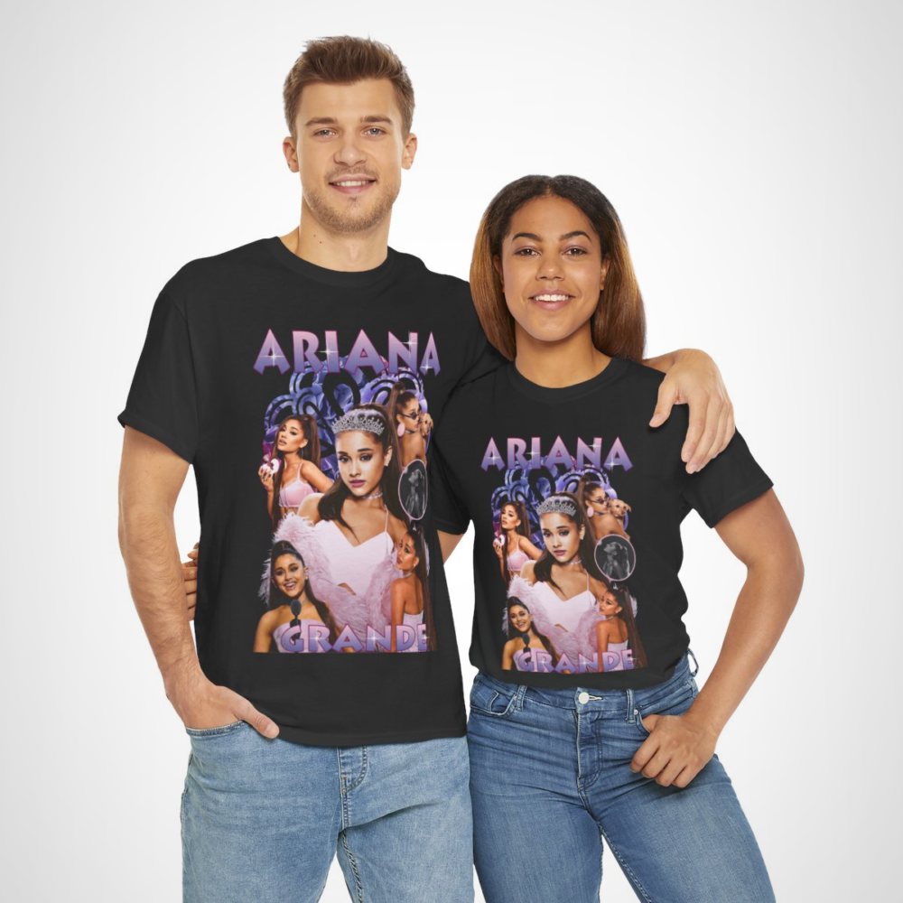 Ariana Grande Glam Tee featuring a vibrant collage of the pop star in dazzling outfits