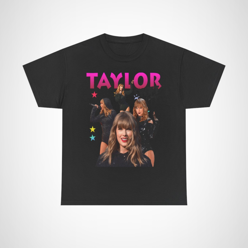 Taylor Swift concert tee featuring vibrant images of the artist in fashionable outfits Black colour