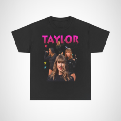 Taylor Swift concert tee featuring vibrant images of the artist in fashionable outfits Black colour