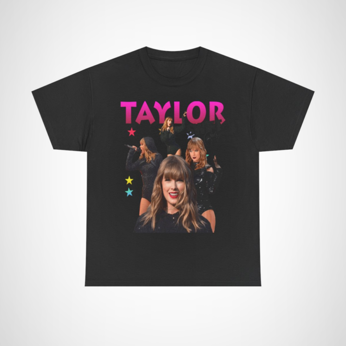 Taylor Swift concert tee featuring vibrant images of the artist in fashionable outfits Black colour