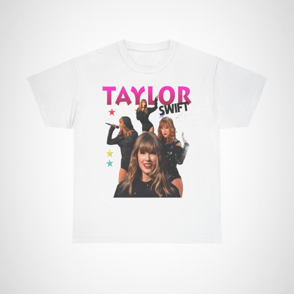 Taylor Swift concert tee featuring vibrant images of the artist in fashionable outfits White colour