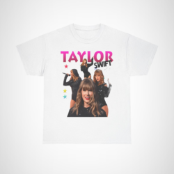 Taylor Swift concert tee featuring vibrant images of the artist in fashionable outfits White colour