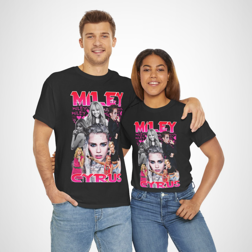 Miley Cyrus Collage T-Shirt showcasing iconic looks of the pop star
