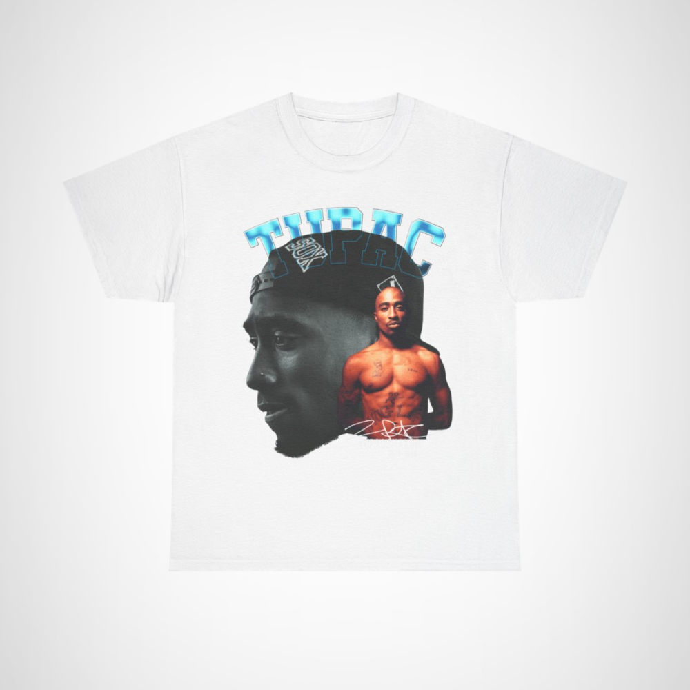 Tupac Shakur Black & White Portrait T-Shirt design featuring iconic image and signature White colour