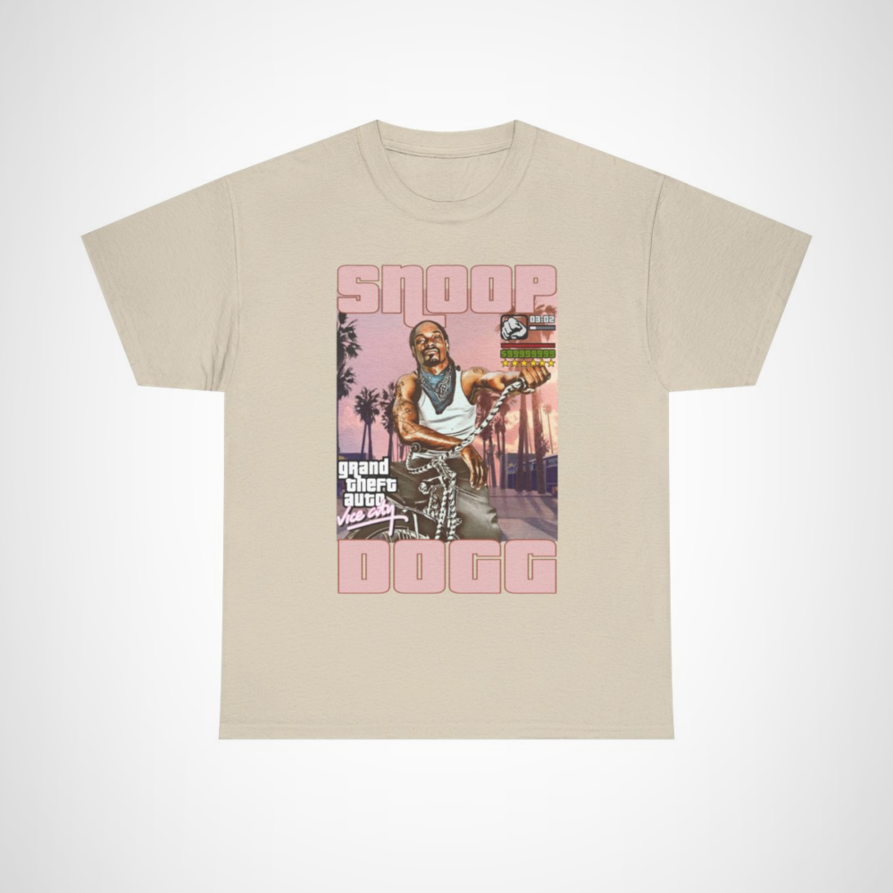 Snoop Dogg Retro GTA Vice City T-Shirt featuring Snoop biking through a vibrant cityscape Sand colour