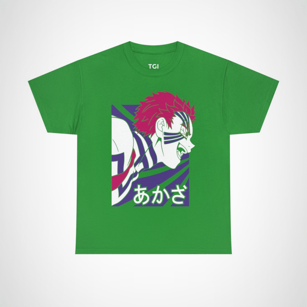 Fierce Akaza Anime Tee showcasing vibrant design and character illustration Irish Green colour