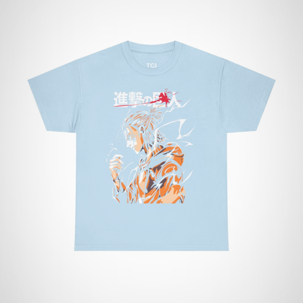 Attack on Titan inspired t-shirt featuring a titan slayer illustration Light Blue colour