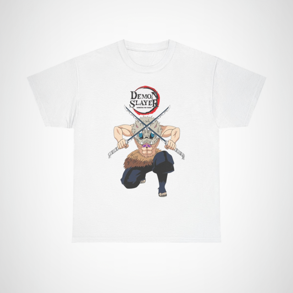 Demon Slayer T-Shirt with fierce warrior design and dual swords White colour
