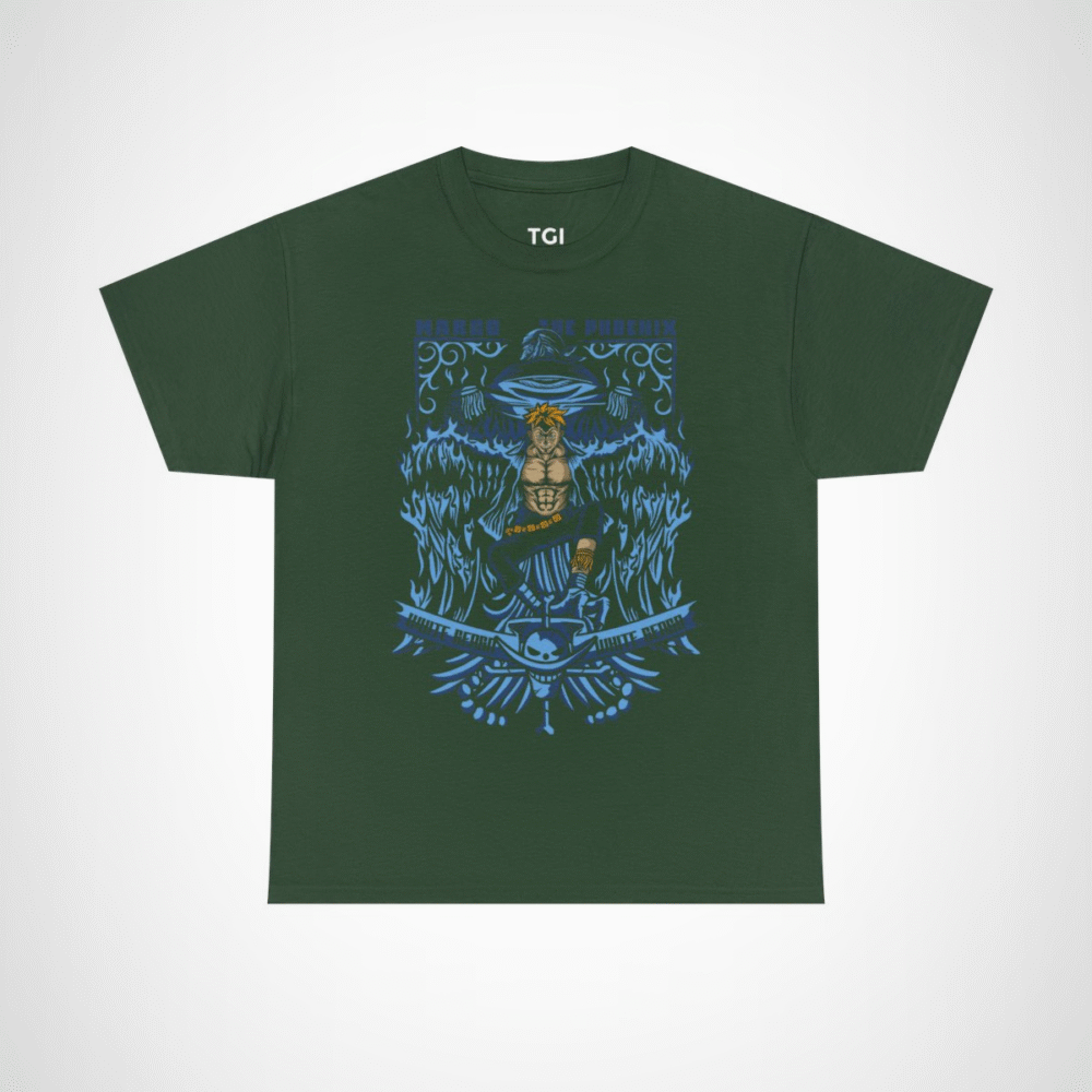 Maroo the Phoenix inspired t-shirt featuring bold anime design Forest Green colour