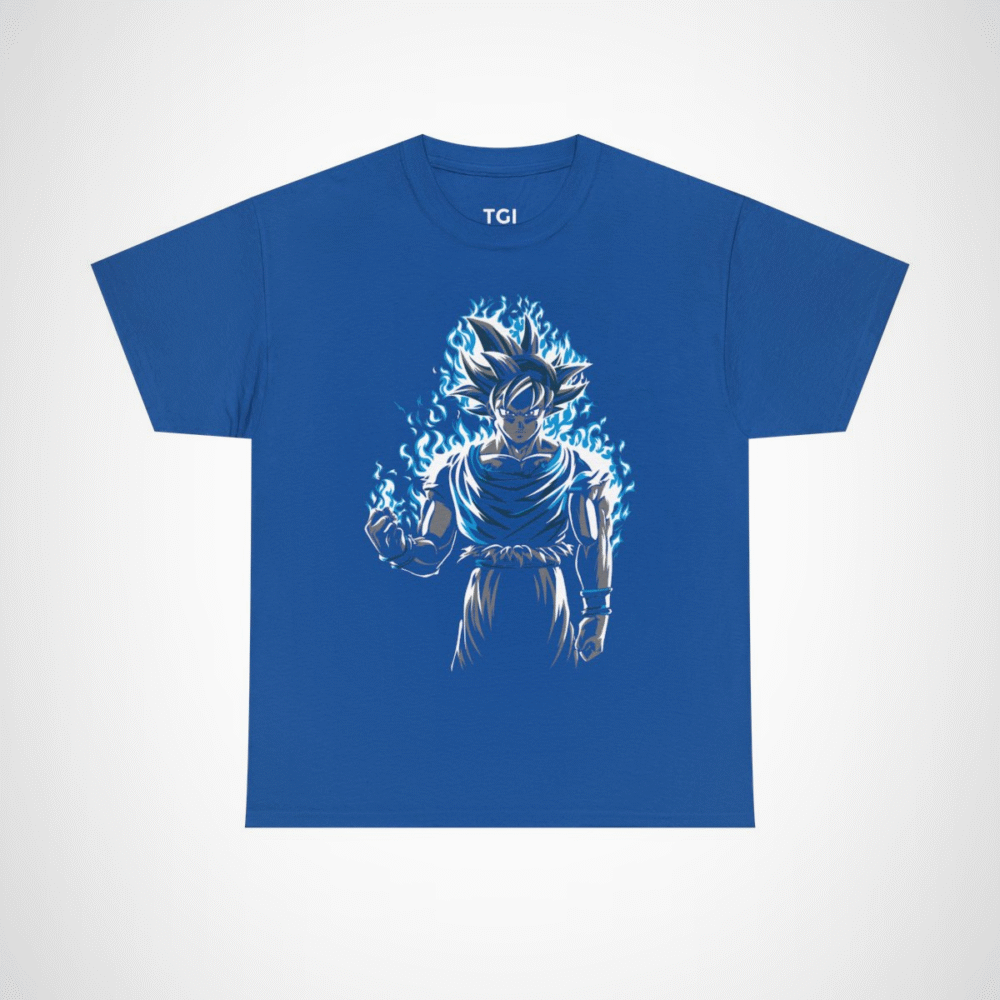 Epic Saiyan Power T-Shirt featuring a character surrounded by blue flames Royal colour
