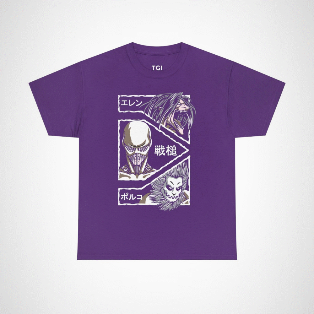 Attack on Titan inspired graphic t-shirt featuring epic designs Purple colour