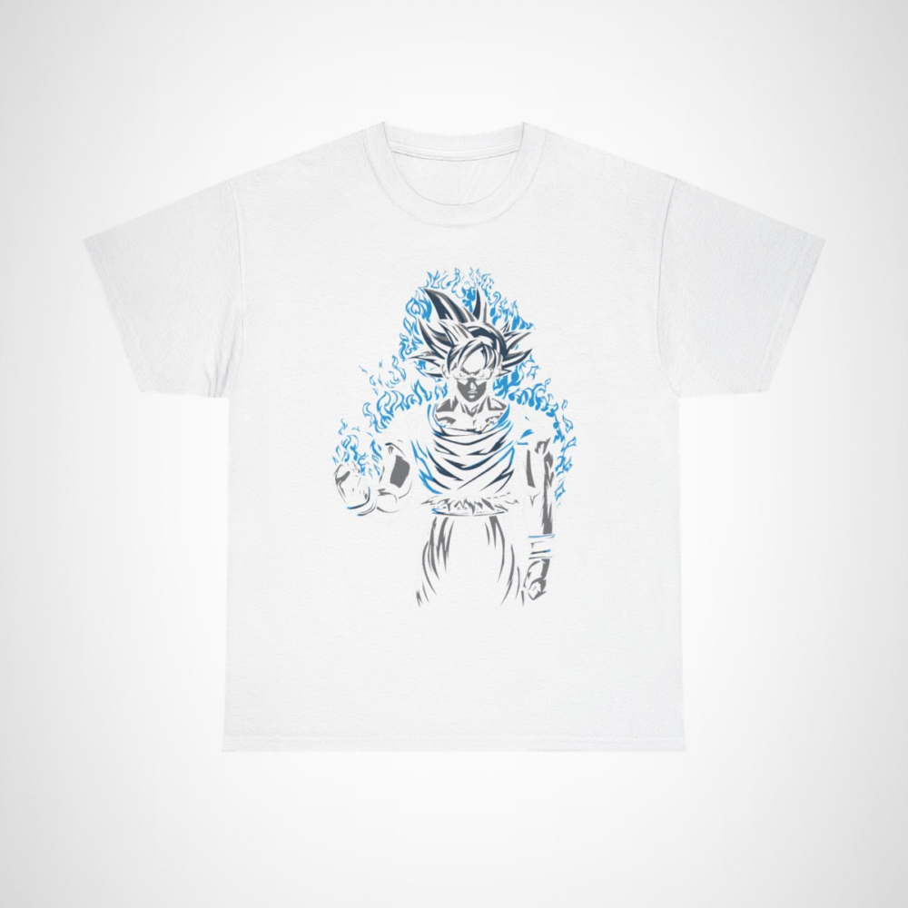 Epic Saiyan Power T-Shirt featuring a character surrounded by blue flames White colour