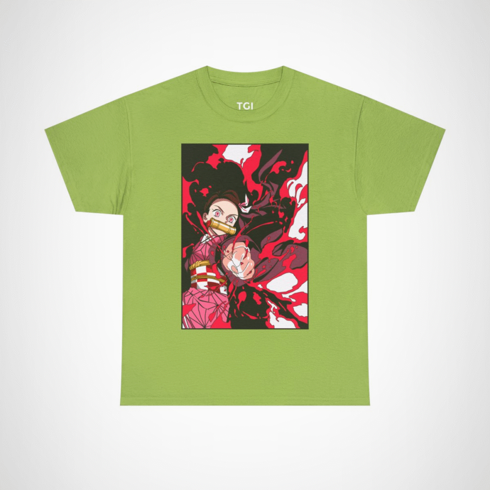 Fierce anime character graphic t-shirt for anime enthusiasts Kiwi colour