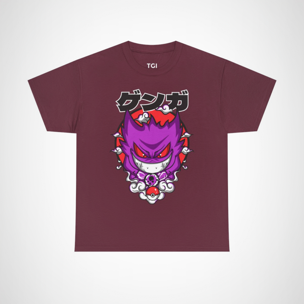 Gengar Ghostly Adventures T-Shirt featuring vibrant design and swirling clouds Maroon colour
