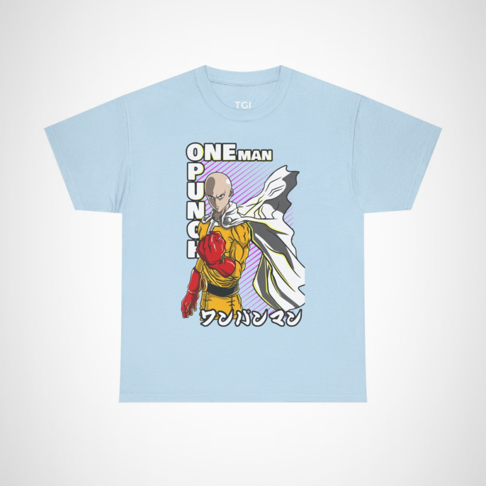 One Punch Man Saitama Epic Fight T-Shirt for anime fans Light Blue colour