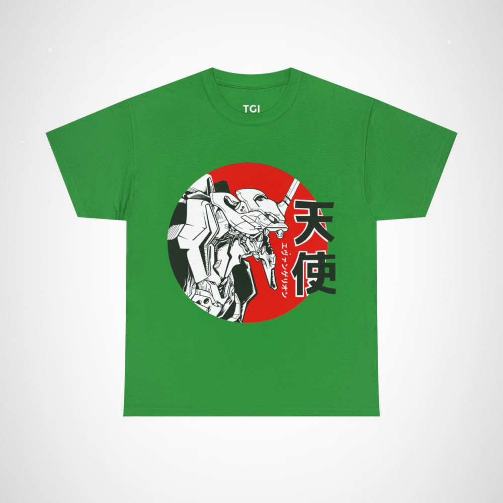 Epic Evangelion Mecha T-Shirt featuring stunning robot illustration Irish Green colour