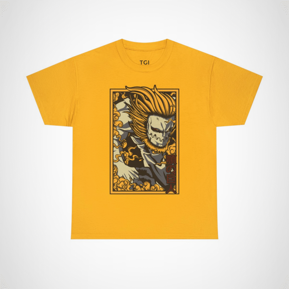Fearless Giant Graphic Tee showcasing a giant with flames design Gold colour