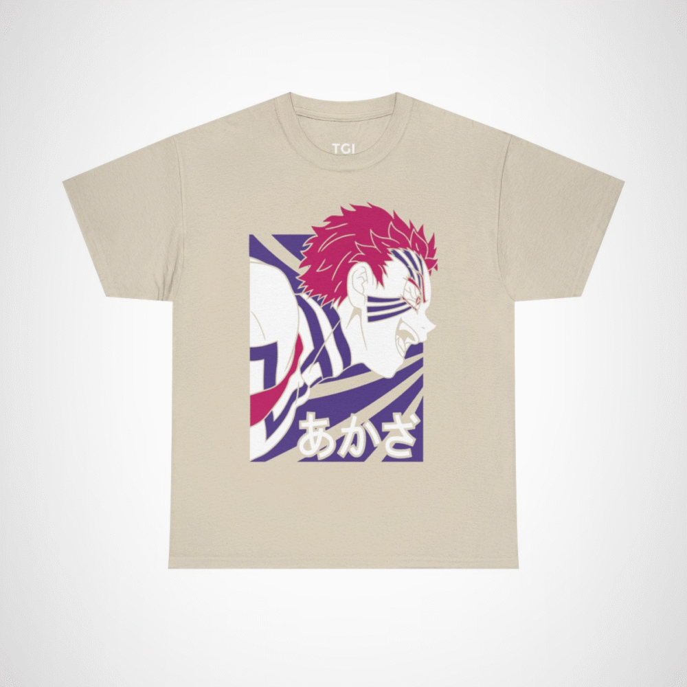 Fierce Akaza Anime Tee showcasing vibrant design and character illustration Sand colour