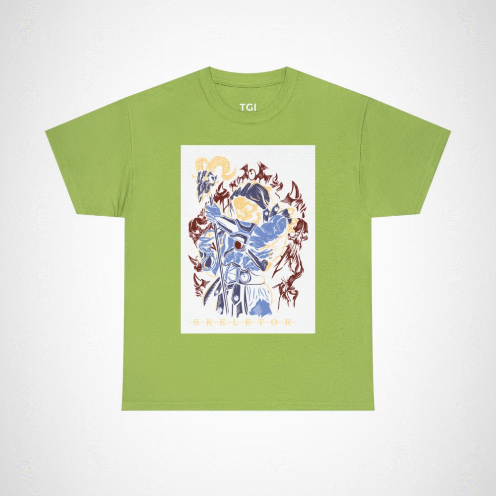 SKELETOR graphic t-shirt showcasing an intense villain design Kiwi colour