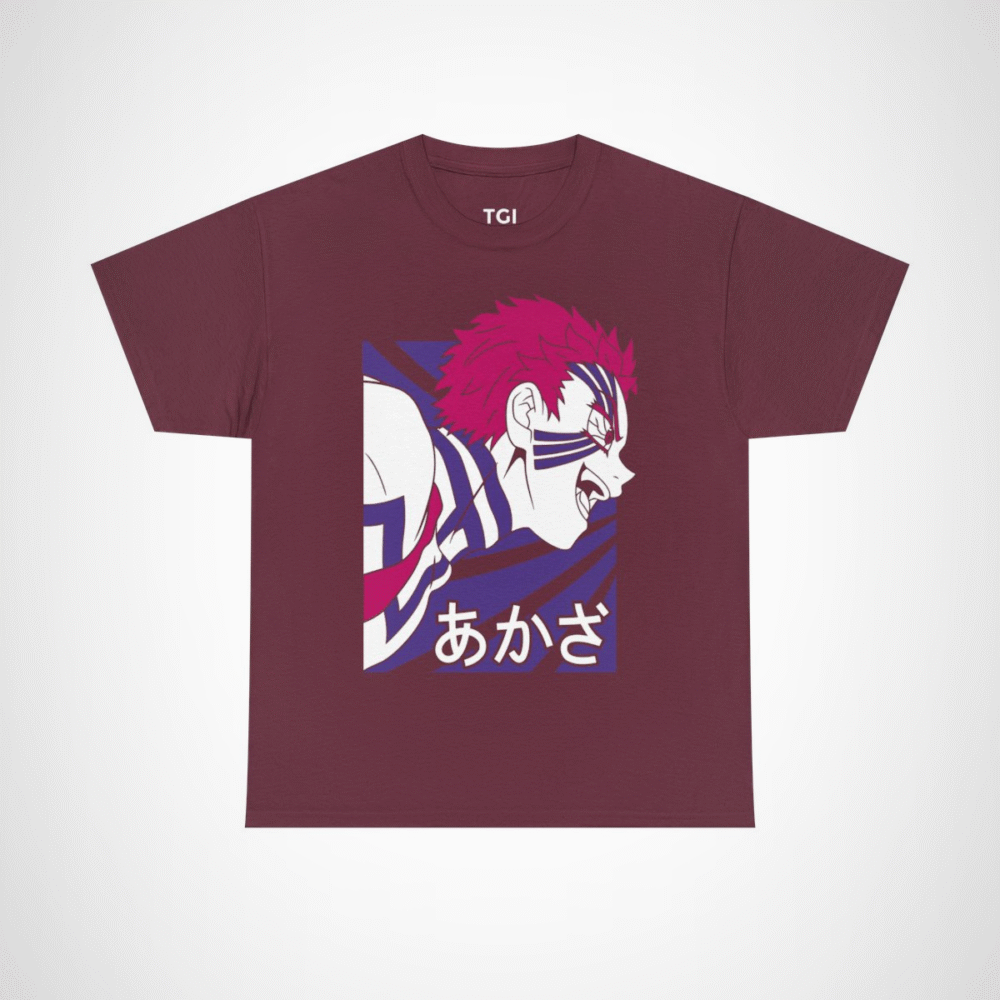 Fierce Akaza Anime Tee showcasing vibrant design and character illustration Maroon colour