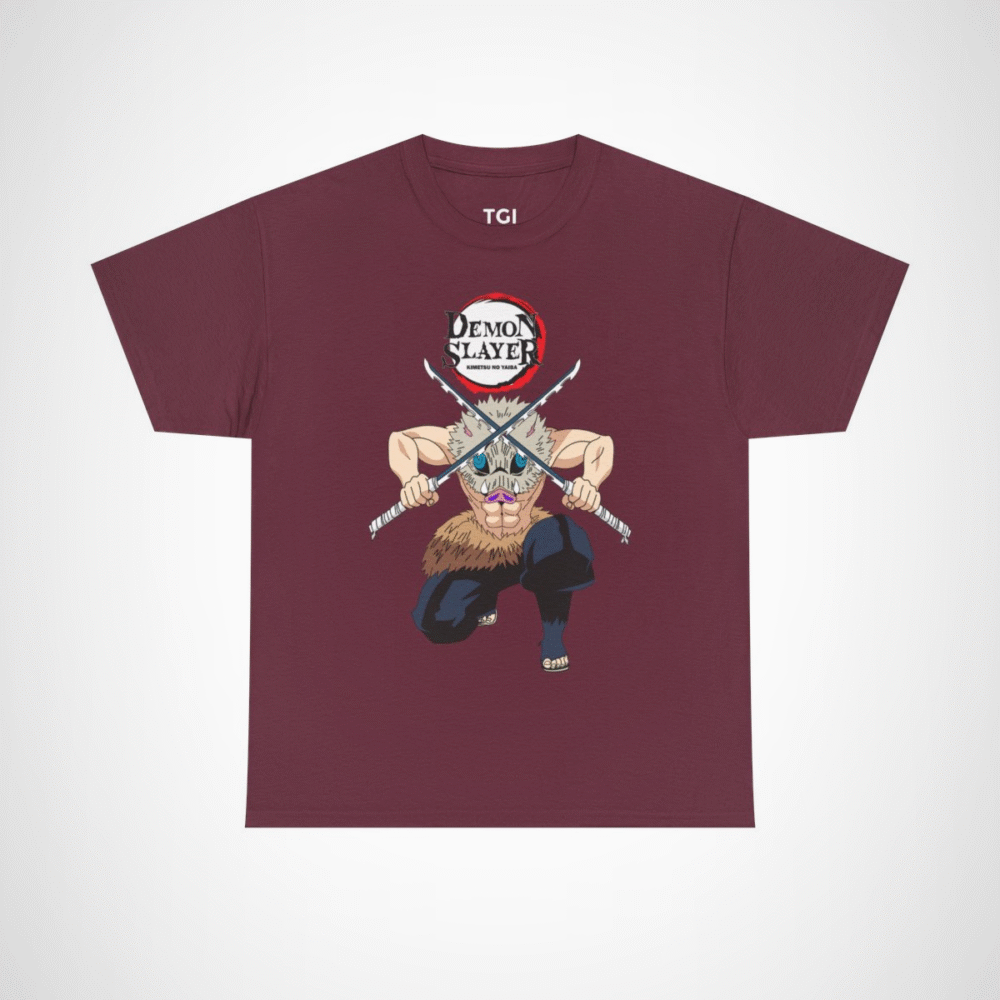 Demon Slayer T-Shirt with fierce warrior design and dual swords Maroon colour