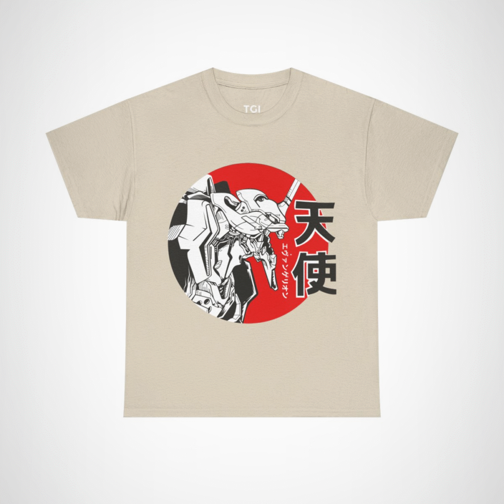 Epic Evangelion Mecha T-Shirt featuring stunning robot illustration Sand colour