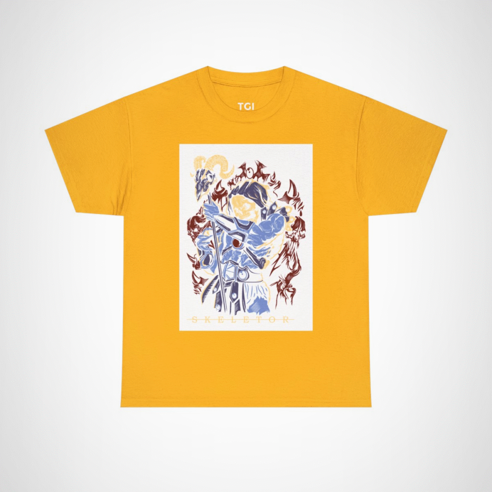 SKELETOR graphic t-shirt showcasing an intense villain design Gold colour