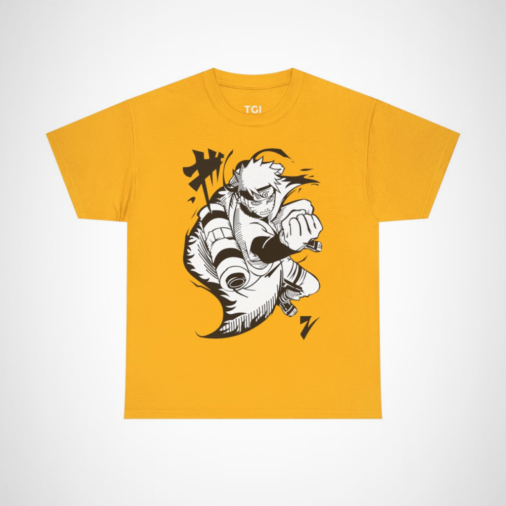 Epic Ninja Adventure T-Shirt featuring an action-packed anime character Gold colour