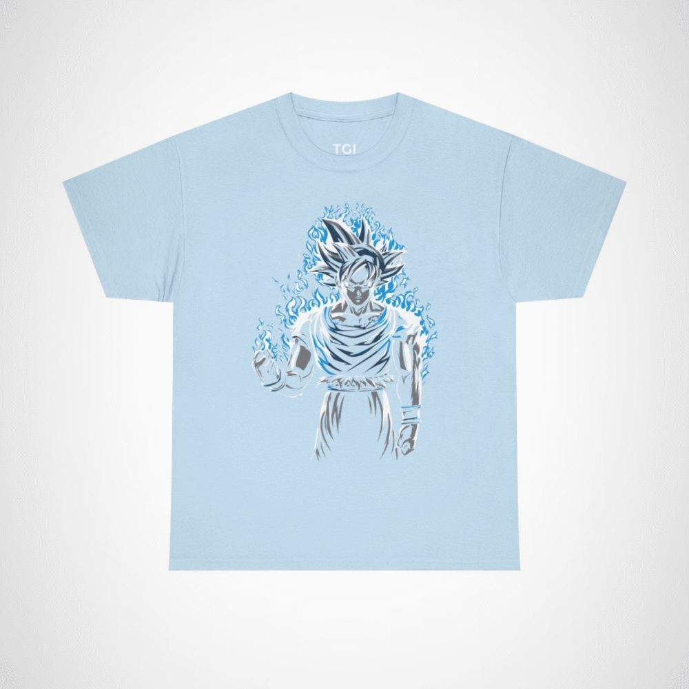 Epic Saiyan Power T-Shirt featuring a character surrounded by blue flames Light Blue colour