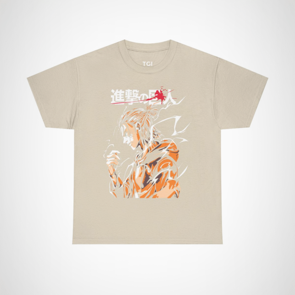 Attack on Titan inspired t-shirt featuring a titan slayer illustration Sand colour